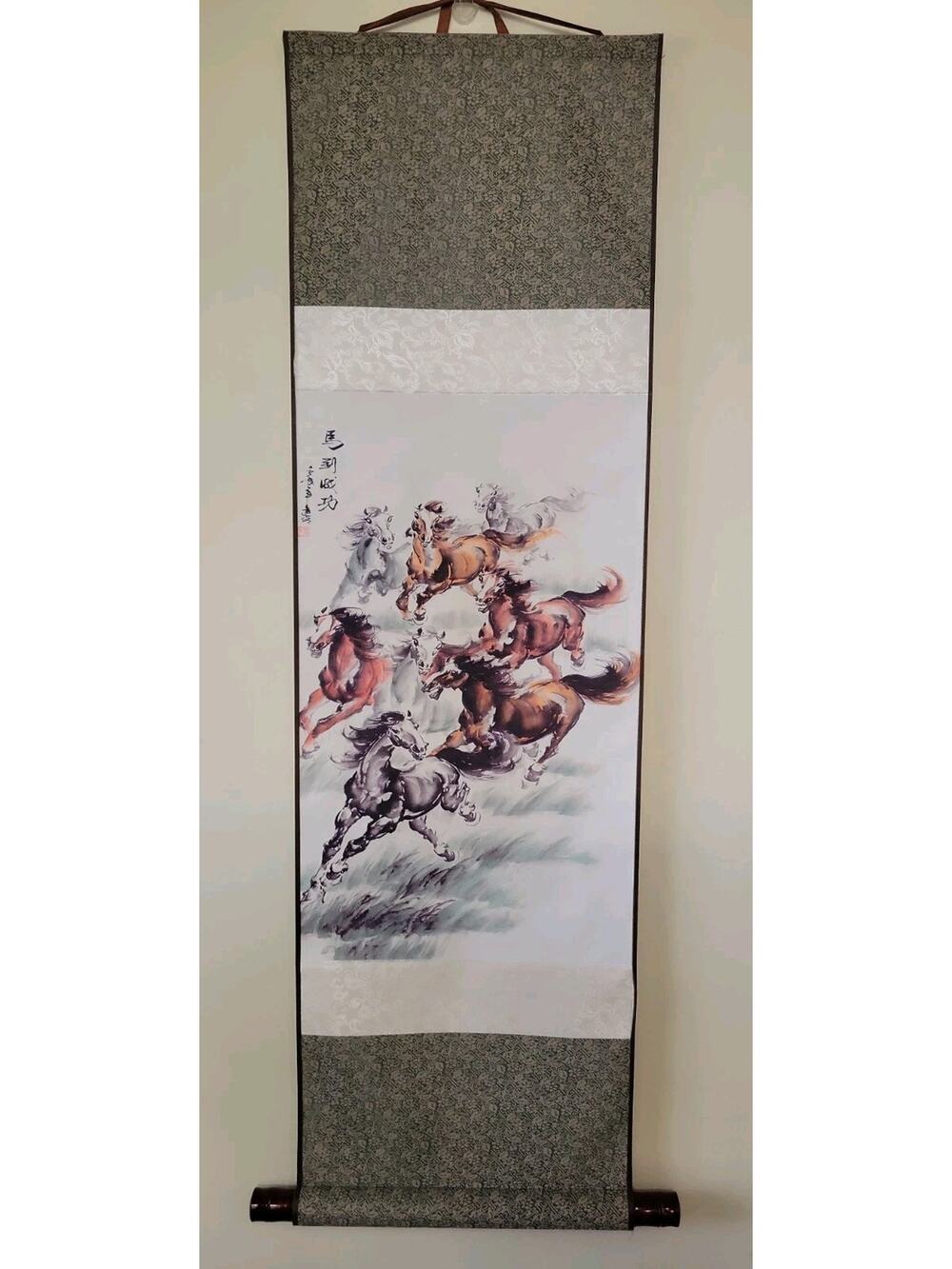 Chinese Silk Scroll Painting Gongbi Eight Horse Portraits Home Decoration